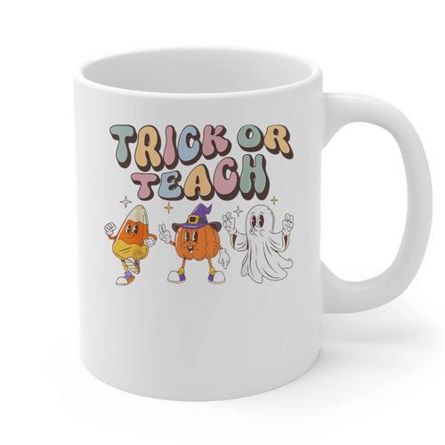 Trick Or Teach Candy Corn Pumpkin Ghost Teacher Graphic Print Coffee Mug - teacherstshirts.com