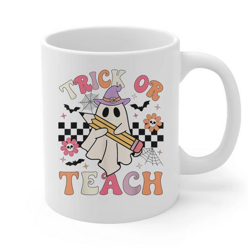 Trick Or Teach Groovy Teacher Halloween Retro Floral Ghost Graphic Print Coffee Mug - teacherstshirts.com AU