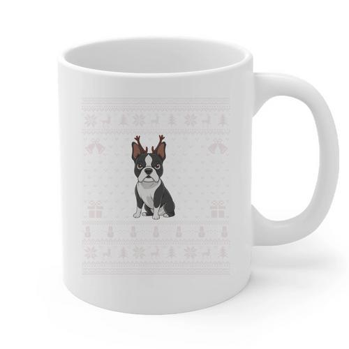 Ugly Xmas Sweater Style Boston Terrier Reindeer Christmas Graphic Print Coffee Mug - Bostonterriersmerch.com
