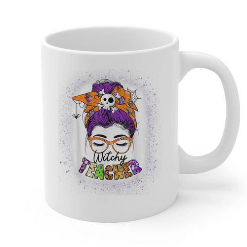 Witchy Teacher Halloween Messy Bun Teacher Bleached Graphic Print Coffee Mug - teacherstshirts.com