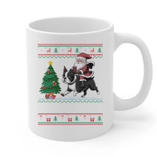Xmas Tree Lighting Santa Riding Boston Terrier Christmas Graphic Print Coffee Mug - Bostonterriersmerch.com