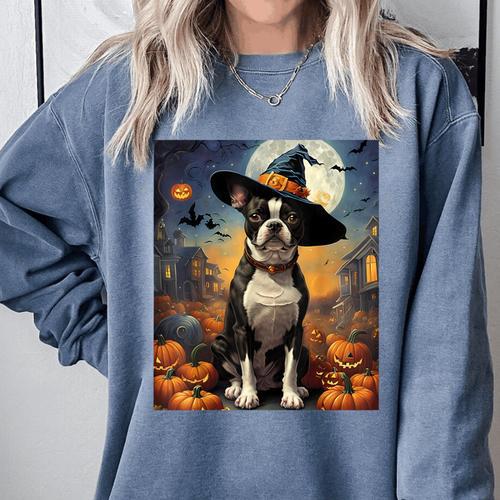 Aesthetic Halloween Boston Terrier Dog Witch Pumpkin For Men Women Kids Comfort Colors Sweatshirt - Bostonterriersmerch.com