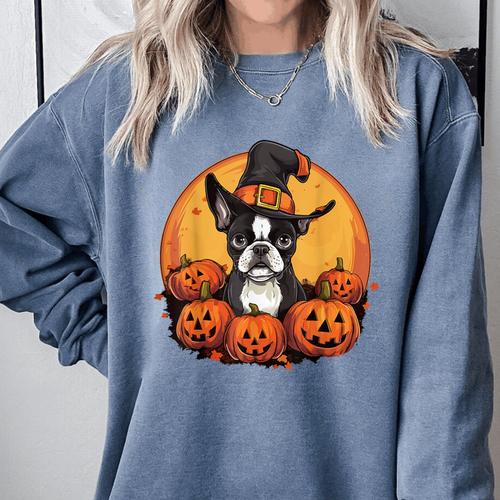 Boston Terrier Bostie Dog Breed Pet Halloween Pumpkins Comfort Colors Sweatshirt - Bostonterriersmerch.com