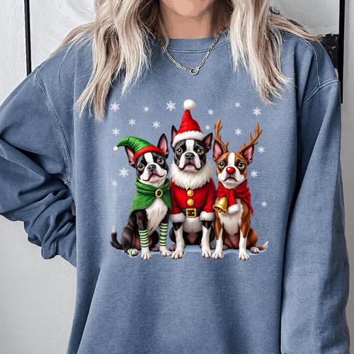 Boston Terrier Christmas Dogs Santa Reindeer Elf Comfort Colors Sweatshirt - Bostonterriersmerch.com