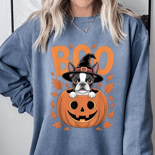 Boston Terrier Costume On Pumpkin Halloween Boston Terrier Comfort Colors Sweatshirt - Bostonterriersmerch.com