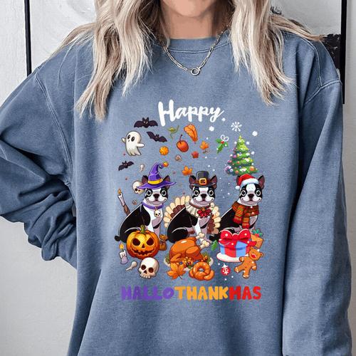 Boston Terrier Dog Christmas Happy Hallothankmas Halloween For Men Women Kids Comfort Colors Sweatshirt - Bostonterriersmerch.com