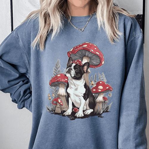 Boston Terrier Dog Cottagecore Aesthetic Mushroom Hat Comfort Colors Sweatshirt - Bostonterriersmerch.com