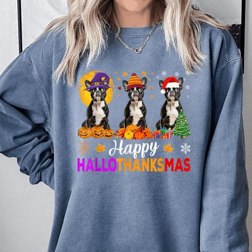 Boston Terrier Dog Halloween Christmas Hallothanksmas Men Women Kids Comfort Colors Sweatshirt - Bostonterriersmerch.com AU