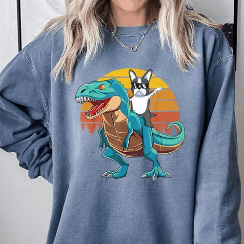 Boston Terrier Dog Riding Dinosaur T Rex Boys Comfort Colors Sweatshirt - Bostonterriersmerch.com