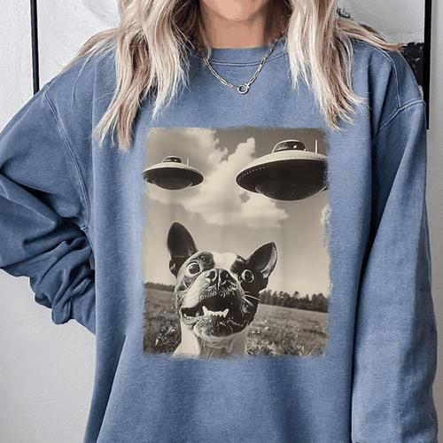 Boston Terrier Dog UFO Alien Extraterrestrial Selfie Comfort Colors Sweatshirt - Bostonterriersmerch.com