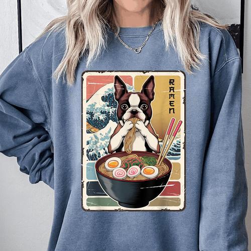 Boston Terrier Ramen Noodles Japanese Art Retro Ocean Waves Comfort Colors Sweatshirt - Bostonterriersmerch.com