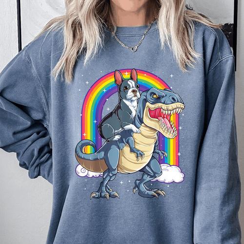 Boston Terrier Riding Dinosaur T-Rex Boys Kids Rainbow Comfort Colors Sweatshirt - Bostonterriersmerch.com
