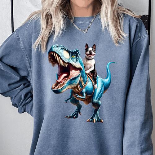 Boston Terrier Riding T-Rex Dinosaur Dog Lover Comfort Colors Sweatshirt - Bostonterriersmerch.com