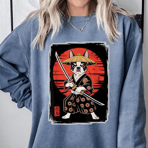 Boston Terrier Samurai Ninja Vintage Anime Japanese Ukiyo-e Comfort Colors Sweatshirt - Bostonterriersmerch.com