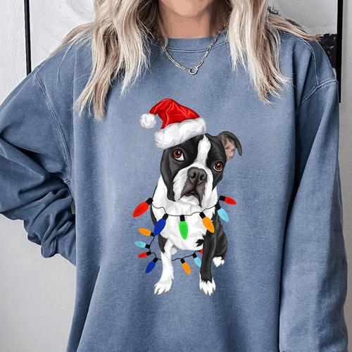 Boston Terrier Santa Christmas Lights Xmas Dog Lover Men Women Kids Comfort Colors Sweatshirt - Bostonterriersmerch.com