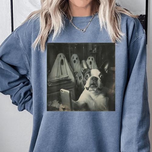 Boston Terrier Selfie With Ghosts Halloween Dog Lover Comfort Colors Sweatshirt - Bostonterriersmerch.com