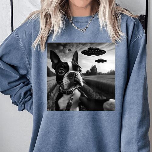 Boston Terrier Graphic Selfie With UFOs Weird Aliens Comfort Colors Sweatshirt - Bostonterriersmerch.com