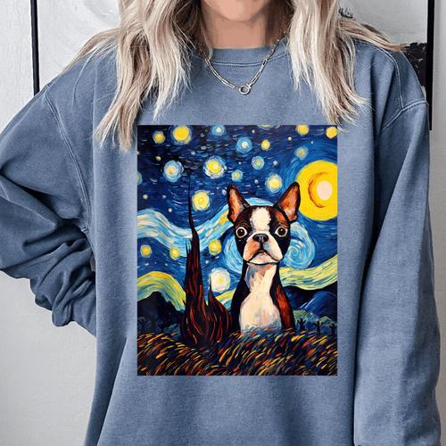 Boston Terrier Starry Night Van Gogh Art Comfort Colors Sweatshirt - Bostonterriersmerch.com