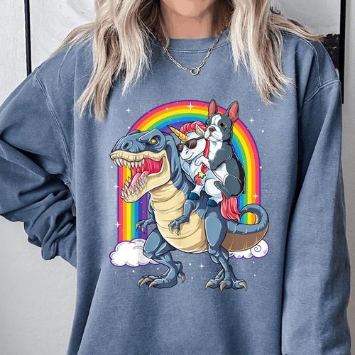 Boston Terrier Unicorn Riding Dinosaur T-Rex Girls Rainbow Comfort Colors Sweatshirt - Bostonterriersmerch.com