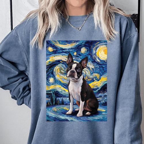 Boston Terrier Van Gogh Starry Night Comfort Colors Sweatshirt - Bostonterriersmerch.com