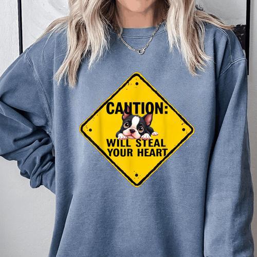 Caution Sign Boston Terrier Dog Bostie Puppy Comfort Colors Sweatshirt - Bostonterriersmerch.com