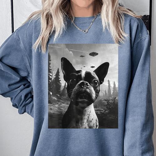 Dog Mom Dad Alien Selfie Boston Terrier UFO For Men Women Comfort Colors Sweatshirt - Bostonterriersmerch.com