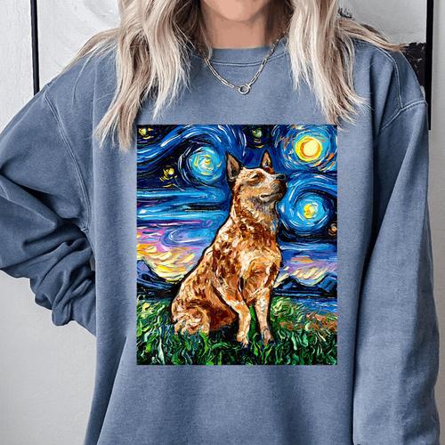 Red Heeler Starry Night Cattle Dog Colorful Art By Aja For Men Women Girls Kids Comfort Colors Sweatshirt - Bostonterriersmerch.com