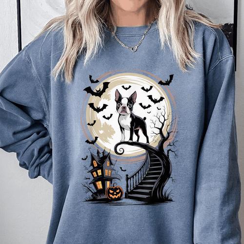 Spooky Halloween Moon Boston Terrier Boston Bull Bostie Comfort Colors Sweatshirt - Bostonterriersmerch.com