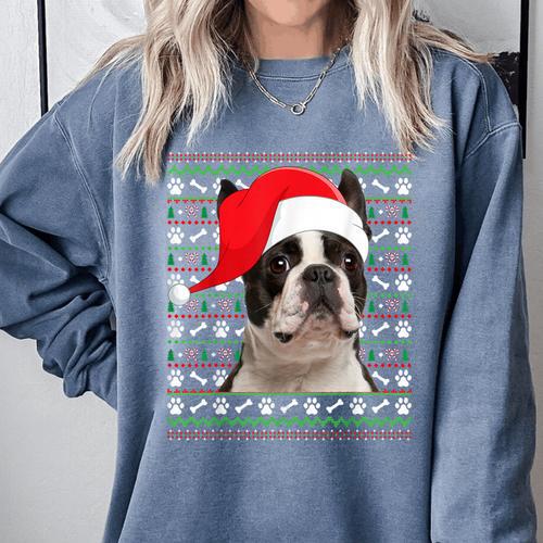 Ugly Xmas Sweater Santa Boston Terrier Dog Christmas For Men Women Kids Comfort Colors Sweatshirt - Bostonterriersmerch.com