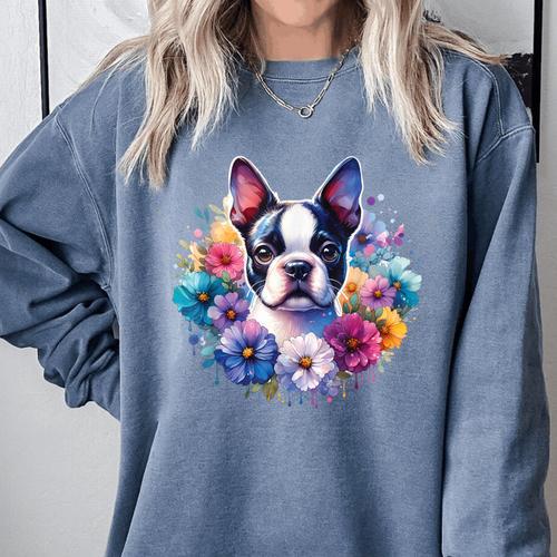 Watercolor Floral Boston Terrier Mama Dog Lover Mother's Day Comfort Colors Sweatshirt - Bostonterriersmerch.com