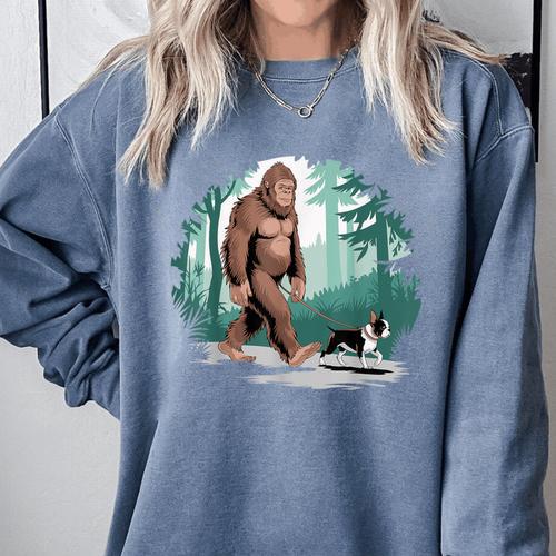 Whimsical Forest Adventures Sasquatch Bigfoot Walking Boston Terrier Dog Lovers Comfort Colors Sweatshirt - Bostonterriersmerch.com