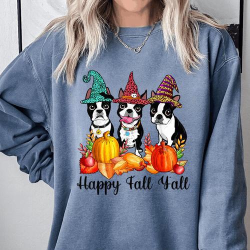 Boston Terrier Dog Lover Fall Ya'Ll Halloween Costume Men Women Comfort Colors Sweatshirt - Bostonterriersmerch.com AU