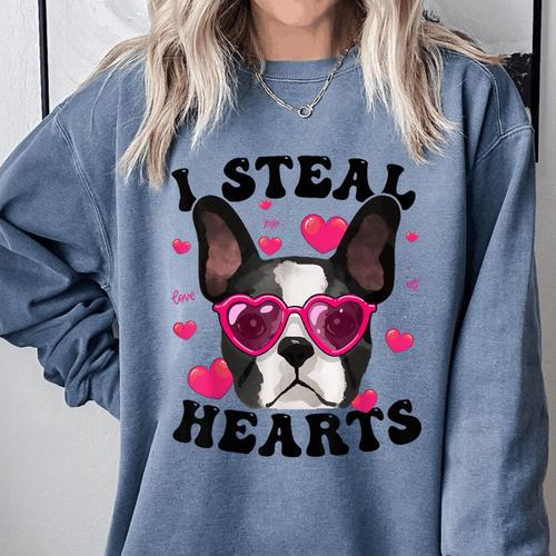 Boston Terrier Heart Glasses Girls Bostie Valentines Day Comfort Colors Sweatshirt - Bostonterriersmerch.com