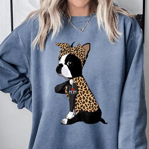 Boston Terrier Lover I Love Mom Tattoo Leopard Comfort Colors Sweatshirt - Bostonterriersmerch.com