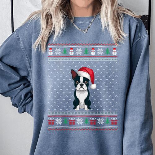 Boston Terrier Wearing Santa Hat Ugly Xmas Dog Lovers Comfort Colors Sweatshirt - Bostonterriersmerch.com