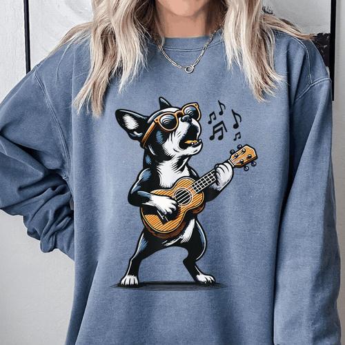 Dog Playing Guitar Singing Boston Terrier For Men Women Girls Kids Comfort Colors Sweatshirt - Bostonterriersmerch.com