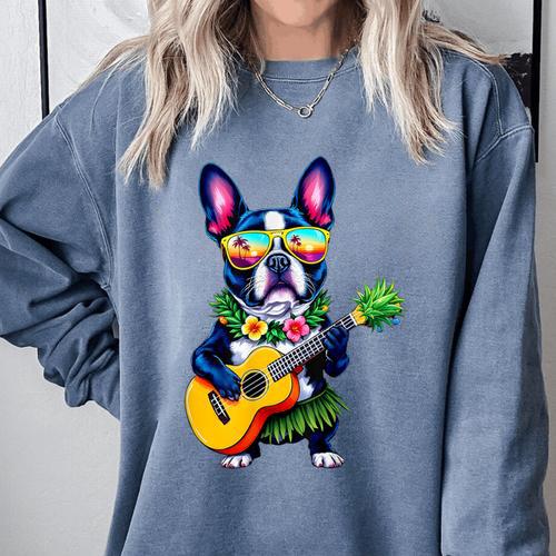 Hawaiian Boston Terrier & Pineapple Ukulele Summer Vacation Comfort Colors Sweatshirt - Bostonterriersmerch.com