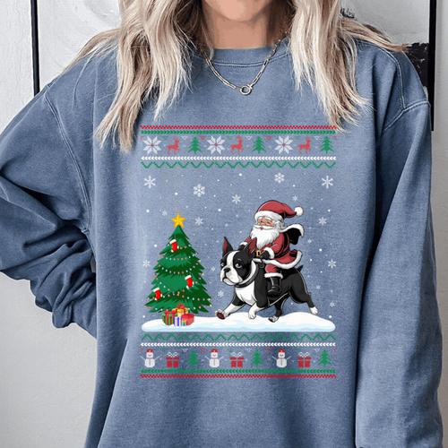Ugly Christmas Tree Lights Xmas Santa Riding Boston Terrier Comfort Colors Sweatshirt - Bostonterriersmerch.com