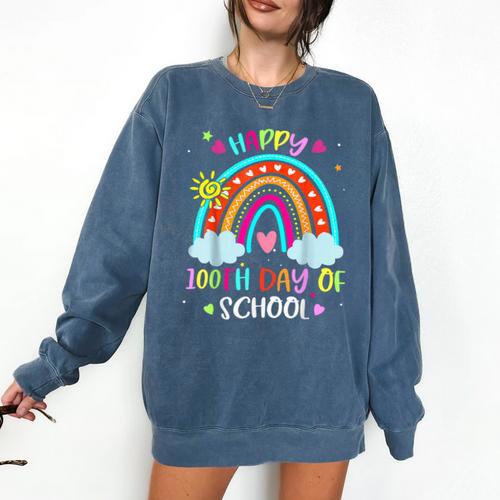 100th Day Of School Rainbow Happy 100 Days Smarter Teacher Comfort Colors Sweatshirt - teacherstshirts.com CA