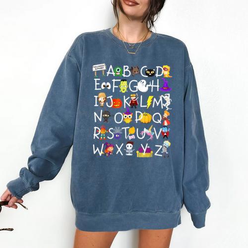 Alphabet ABCs Halloween Characters Kindergarten Teacher Kids Comfort Colors Sweatshirt - teacherstshirts.com