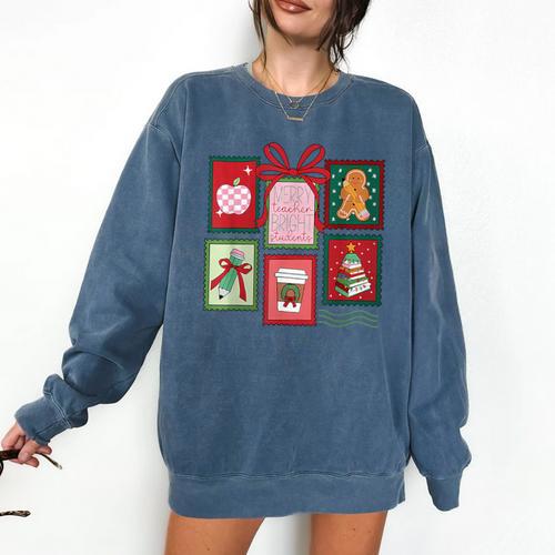 Christmas Teacher Stamps Comfort Colors Sweatshirt - teacherstshirts.com