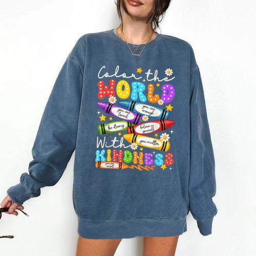 Color The World With Kindness Crayon Positivity Teacher Comfort Colors Sweatshirt - teacherstshirts.com