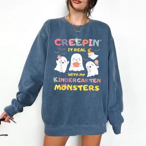 Creepin It Real With Kindergarten Monsters Halloween Teacher Comfort Colors Sweatshirt - teacherstshirts.com AU