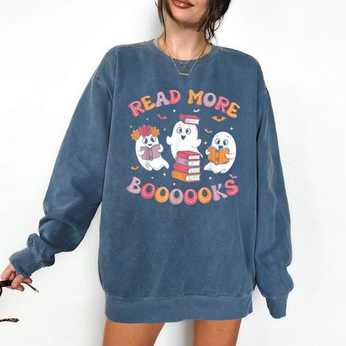 Cute Ghost Book Read More Books Teachers Halloween Comfort Colors Sweatshirt - teacherstshirts.com AU
