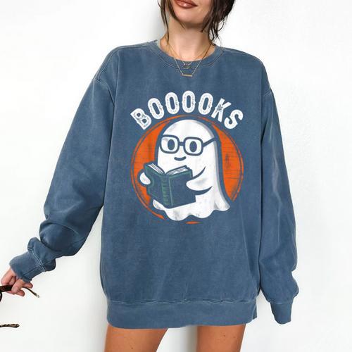 Cute Ghost Book Reading Books Lover Retro Halloween Teacher Comfort Colors Sweatshirt - teacherstshirts.com AU