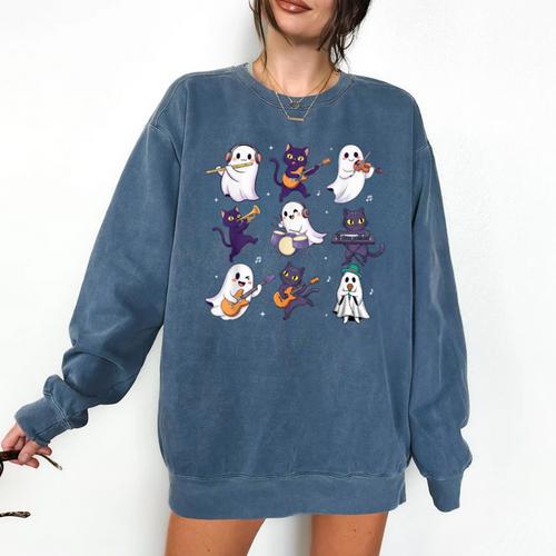 Cute Ghost Cat Playing Musical Halloween Music Teacher Comfort Colors Sweatshirt - teacherstshirts.com