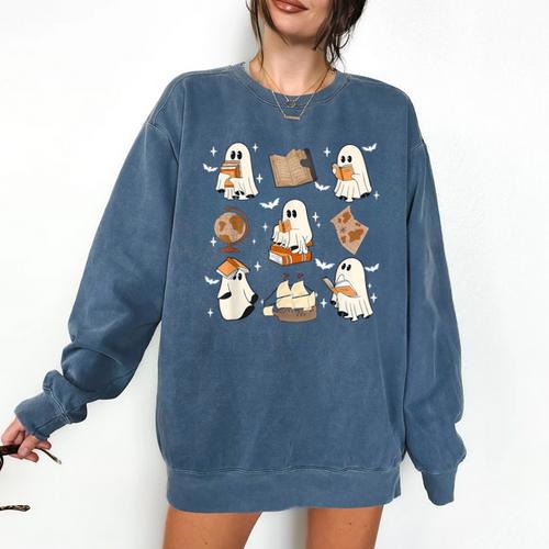 Cute Ghosts Reading Book Bookworm Halloween History Teacher Comfort Colors Sweatshirt - teacherstshirts.com