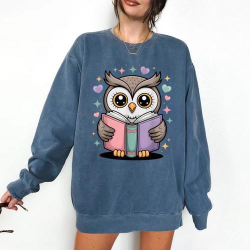 Cute Reading Owl Book Lover Teacher Librarian Bookworm Comfort Colors Sweatshirt - teacherstshirts.com