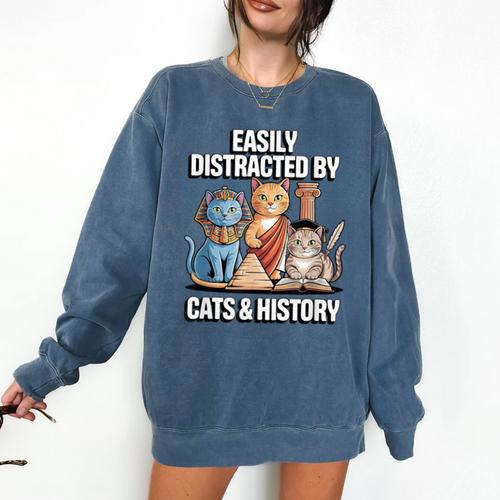 Easily Distracted By Cats & History Teacher Women Men Comfort Colors Sweatshirt - teacherstshirts.com