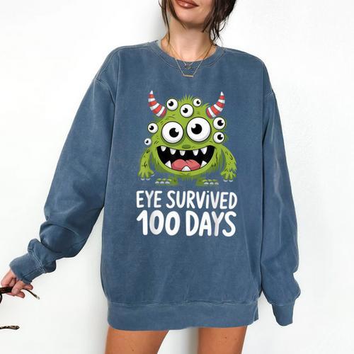 Eye Survived 100 Days Of School Monster Lover Teacher Kids Comfort Colors Sweatshirt - teacherstshirts.com AU